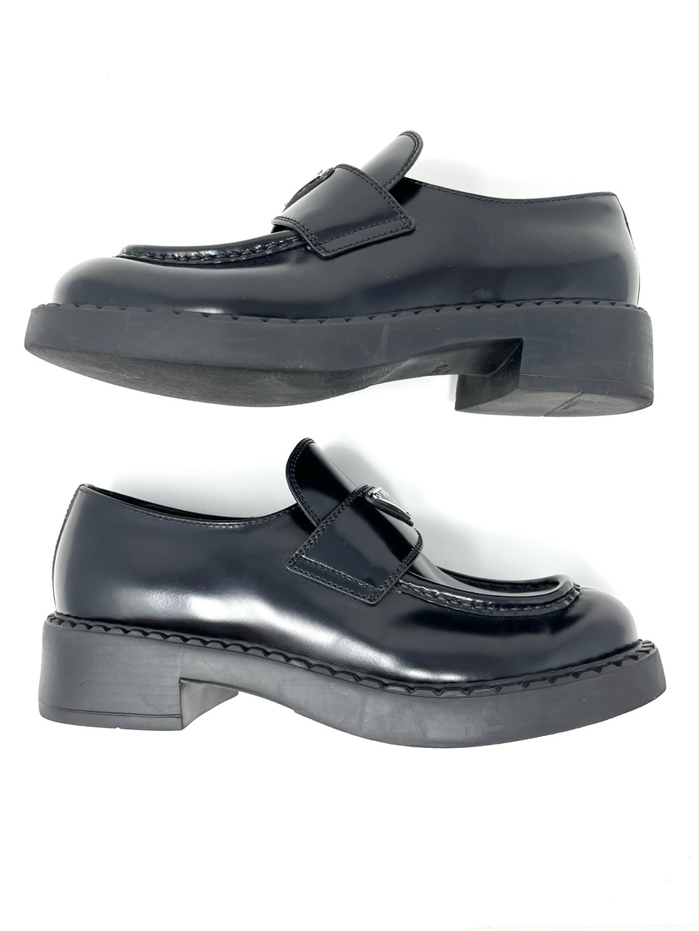 Prada Chocolate Black Triangle Logo Brushed Leather Loafers Heels Chunky 38.5 - Picture 6 of 14